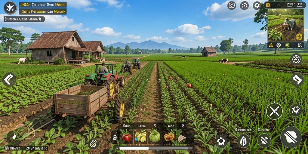 Screenshot gameplay JIN69 menampilkan perkebunan hijau yang indah.