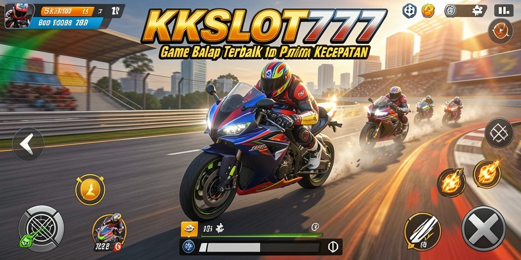 Gameplay KKSLOT777 menampilkan aksi balap motor yang intens dan seru.